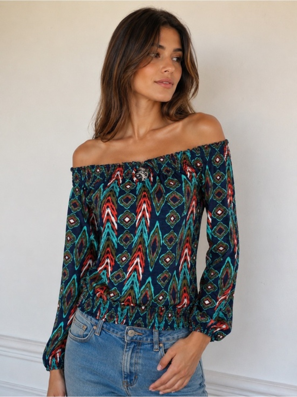 Lucky Brand Off Shoulder Boho Aztec Blouse